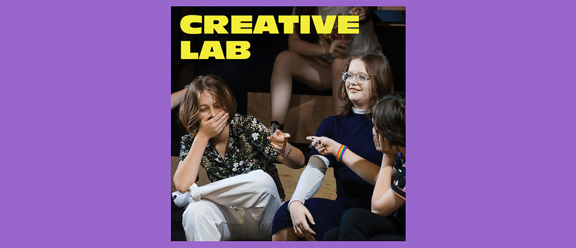 photograph of three young people laughing with text that says Creative Lab