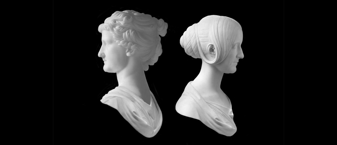 A black background with the white marble heads of two women in profile. On the left, a woman looking left with elaborate Georgian curls. On the right, a woman looking right with her hair coiled in a sleek Victorian hairstyle