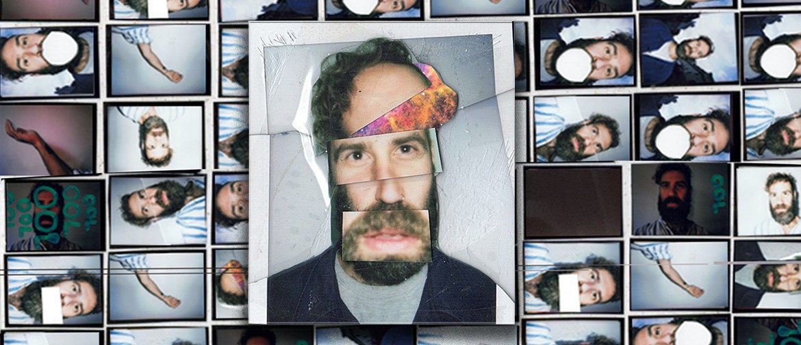 A series of cut up portrait shots of a bearded man with different looks