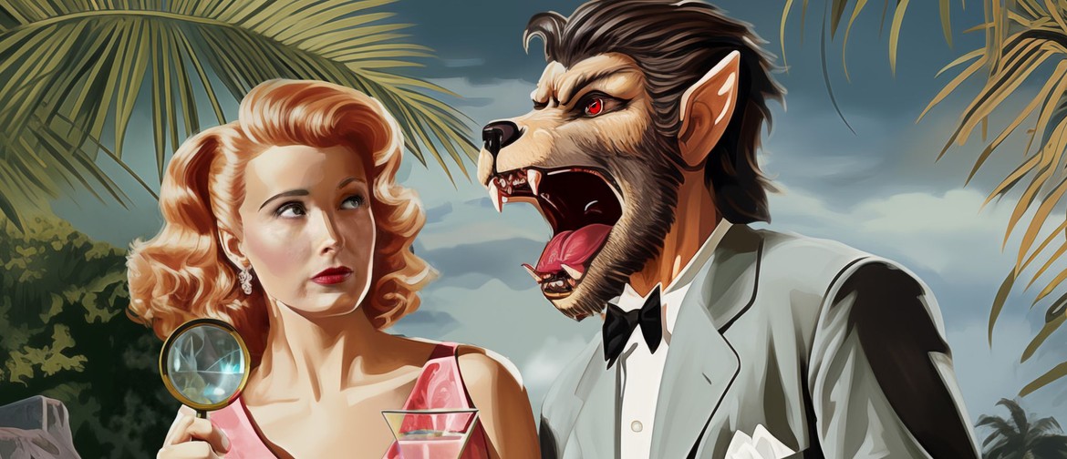 A stylish woman and a werewolf on a tropical island.