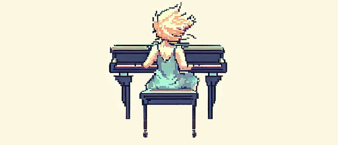 blonde woman playing grand piano smiling she wears a pink dress