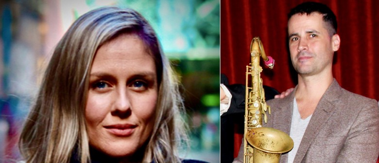 Female singer and male musician holding saxophone