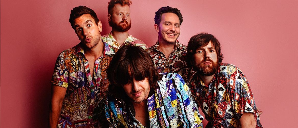 Image of the band Vaudeville Smash, featuring five males in colourful shirts