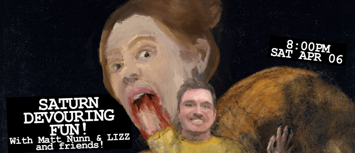 A parody of Goya's haunting masterpiece known as "Saturn Devouring His Son", this image has swapped Saturn for Brisbane comedian Liz Talbot and the son has been replaced by Liz's writing partner, Matt Nunn