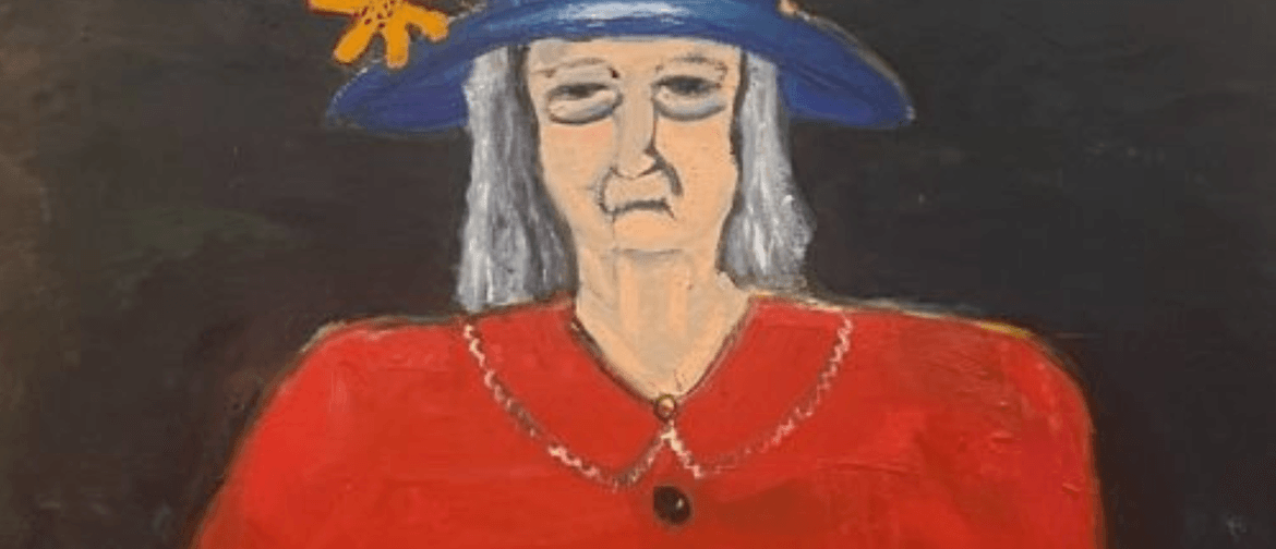 A Cheery Soul Portrait of elderly lady with blue hat and bag and bright red coat