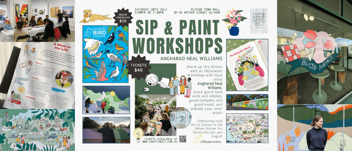 Sip & Paint with Angharad Sip & Paint Details for 20th July with Angharad Neal Williams with examples of her work