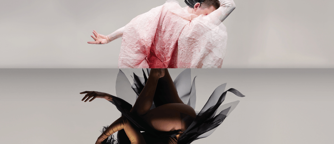 Two dancers from Sydney Dance Company pose dynamically. The top dancer is in soft pink and white fabric, while the bottom dancer is in a dark outfit with flowing fabric.