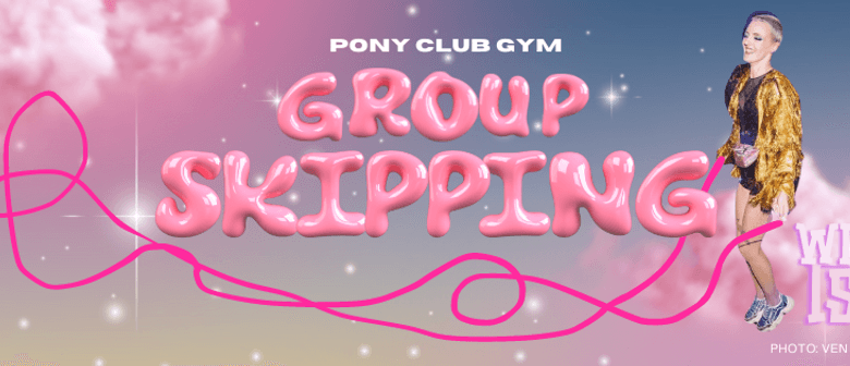 Group skipping in pink bubble font. Ish holds a cartoon drawn skipping rope in a yellow fringe jacket. 