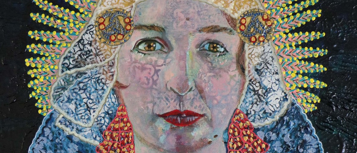 Chasing Magic A woman with patterned pink skin and red lipstick stares at the viewer from a black background, clothed in vibrant, intricate, technicolour robes robes