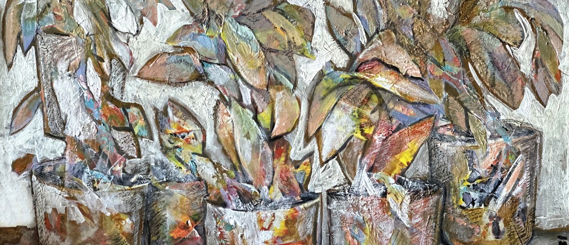 Nature's Mysteries (Delicate Dance of Existence) Four abstract shapes painted in erratic strokes of orange, yellow, pink, grey and blue sit in circular brushstrokes against a neutral, cloud-like background
