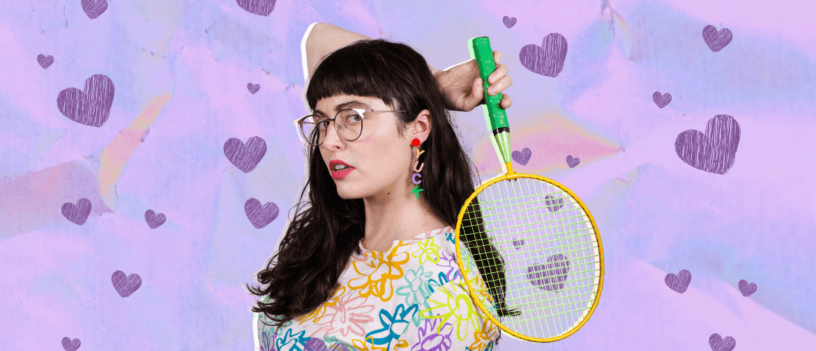 Alayne Dick : Purple is the Gayest Colour Woman with long dark hair wearing a floral pattern shirt and glasses against a purple background with handrawn hearts.