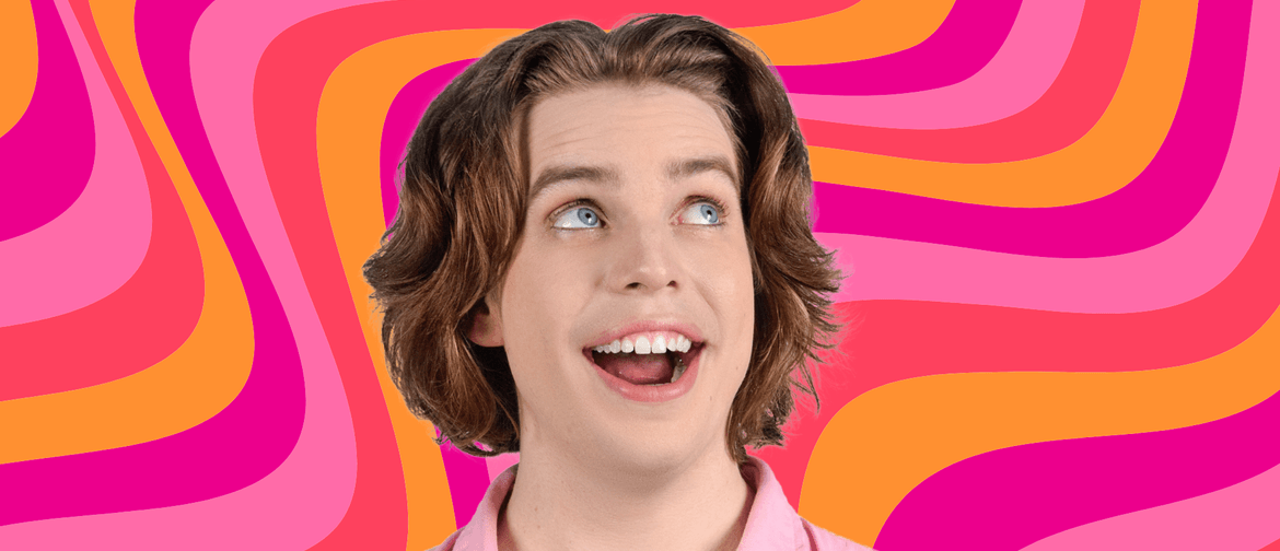 A picture of Jim Fishwick, a white person in their 30s with shoulder-length hair, looking excitedly up and to the right with their mouth open. A swirly multicoloured pattern is the background.