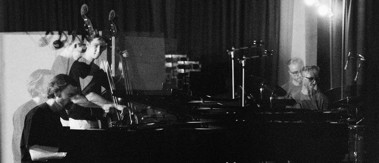 Austin Salisbury Trio (WA) - "Outlines" Album Launch A film photograph of a pianist, double bassist and drummer in a recording studio.