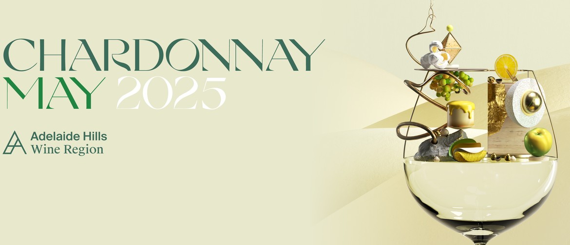 Chardonnay May 2025 an image of a wine glass containing white wine plus many abstract items respresenting the flavours of the wine