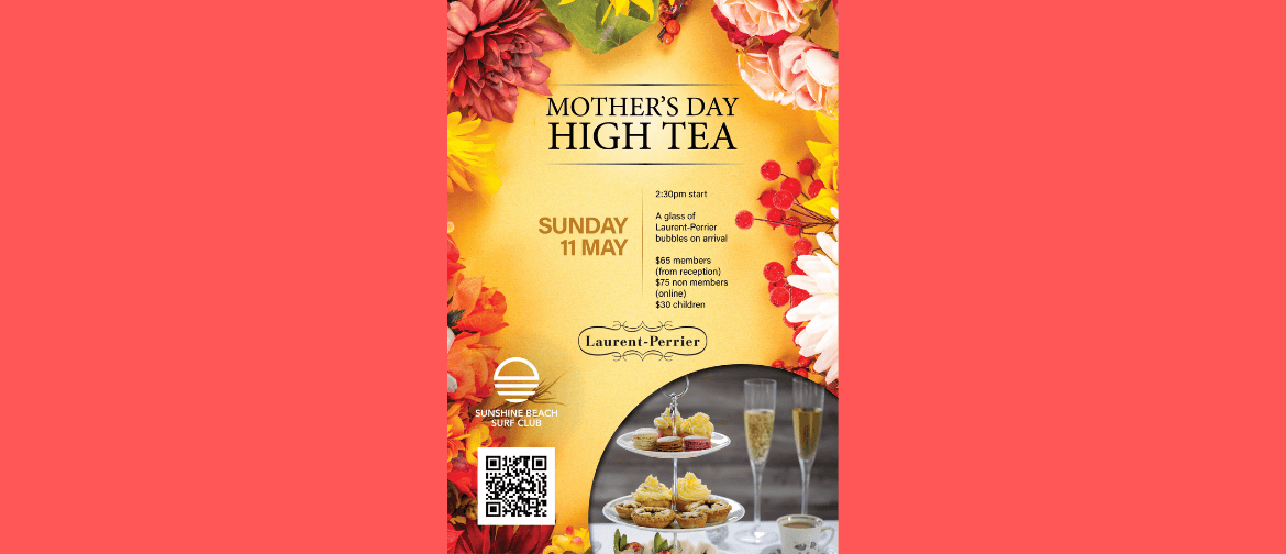 Mothers Day High Tea High Tea stand with yummy cakes & sandwiches & 2 glasses of chanmpagne surrounded by a floral border