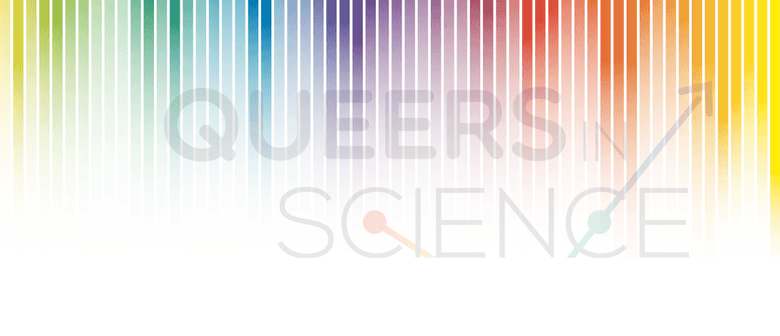 Roll for Rainbows: A QueersInScience Games Night QueersInScience brand on a rainbow backdrop
