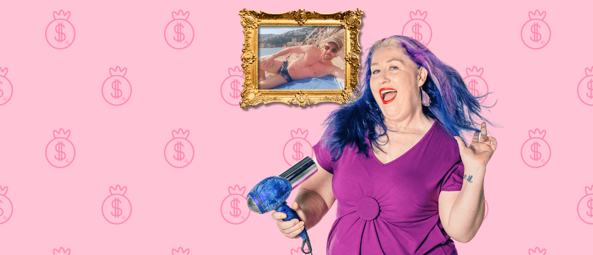Kelly Mac: Pimp My Son - Trial Show A woman blowdrys her purple and blue hair in front of a gold-framed photo of a young man sunbathing on a beach
