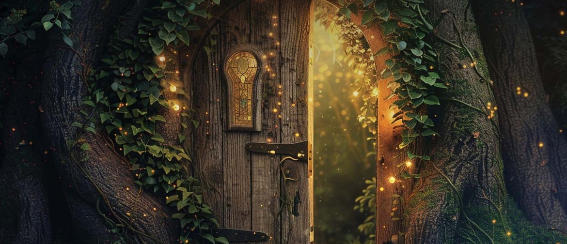 An Evening of Fairy Tales A wooden door, surrounded by the bark of a tree, opens partially with fireflies flying all around