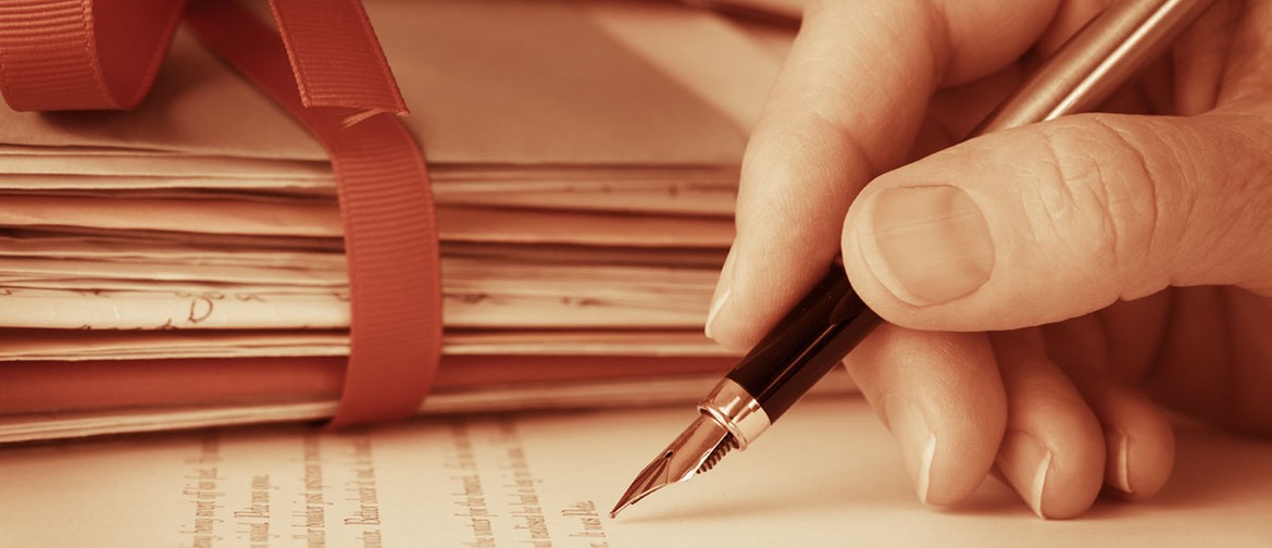 The Poetry of War A well manicured hand writes with a fountain pen whilst a stack of letters held together with red ribbon sits beside it