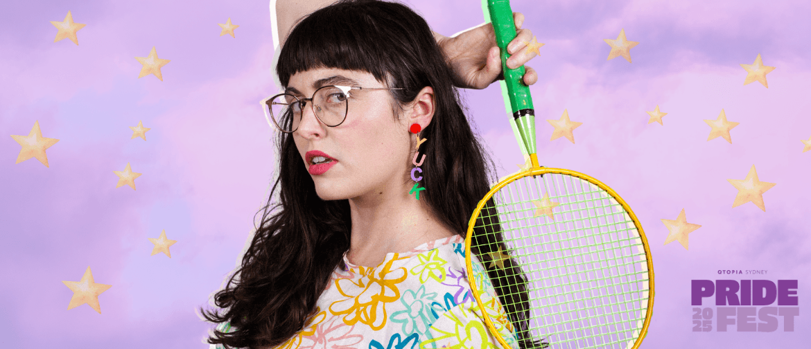 Alayne Dick: Purple Is The Gayest Colour A woman with a toy tennis racket on a purple sky background.