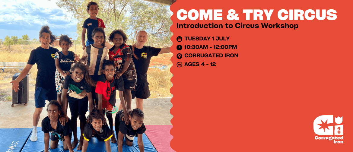 Come & Try Circus A big group of Aboriginal kids of all ages smiling while doing a circus pyramid, with two instructors.