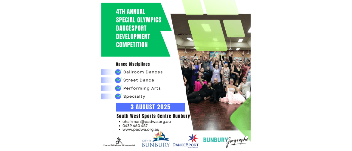 2025 Special Olympics DanceSport WA State Games flier with a group photo from the 2023 WA State Games