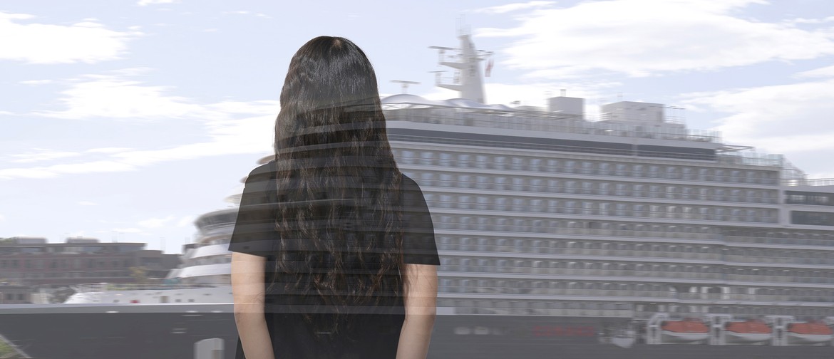 Obsolete Redux A transparent photograph of the back of a woman with long dark hair is superimposed against a photo of a cruise ship.