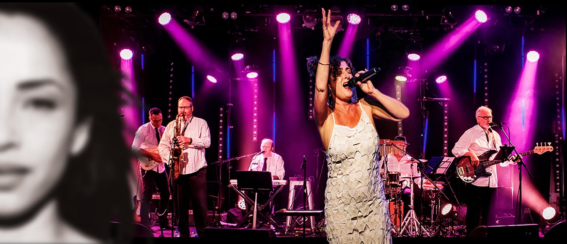 Simply SADE - The 'Diamond Life' of a 'SMOOTH OPERATOR' Bonnie Centre adn larger than band arm raised upwards singing with 5 piece band and pink stage down lights, on left is half face image of SADE herself in black and white.