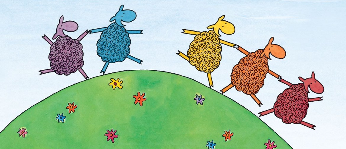 5 drawn sheep purple blue yellow orange red on a green mound with flowers on it