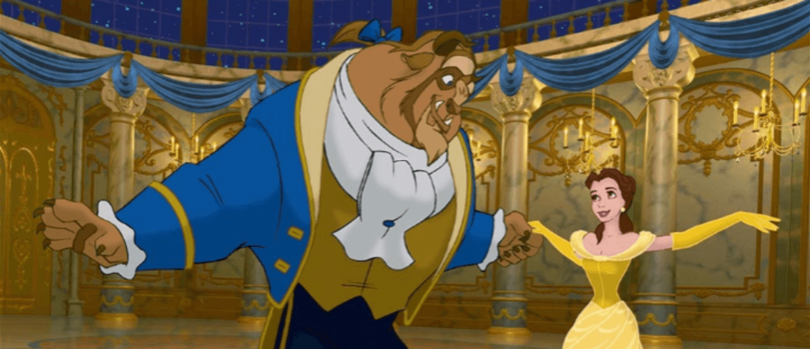 Belle and the Beast dance around the extravagant ballroom