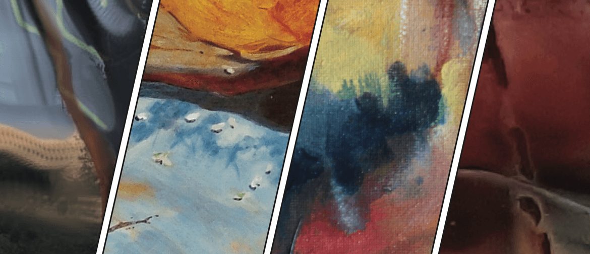 A composite image featuring details from four beautiful paintings of nature and the forest, by four of the artists exhibiting artists from Art With Altitude.