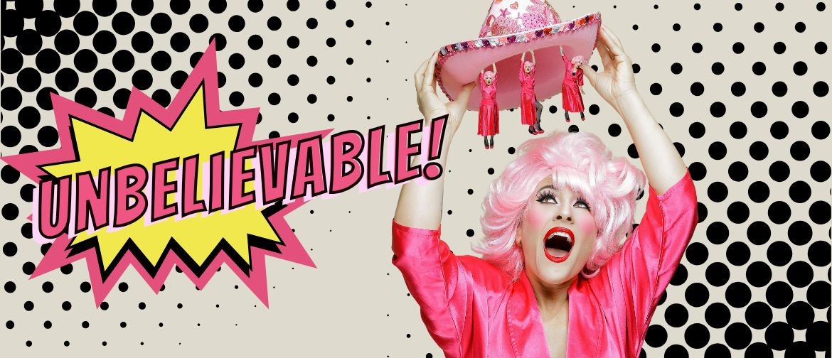 A pop art style image of a woman in pink holding up a pink cowboy hat with mini verions of herself hanging off it