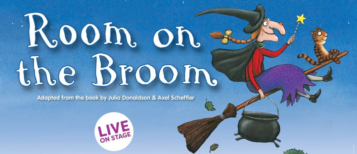 Cartoon witch with wart on nose riding a broom holding a cauldron with cat in front