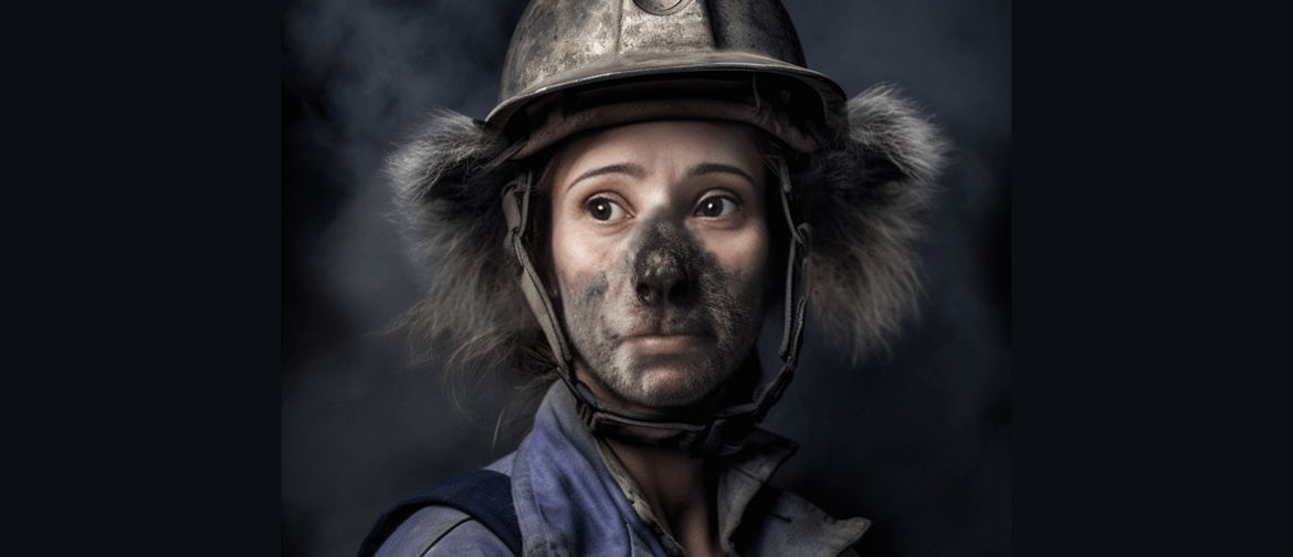Girl with blacken face from bush fire with fluffy ears and nose to depict a koala 