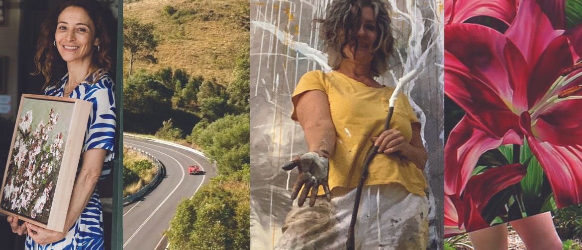 Artists with their artwork and a scenic country road in the background