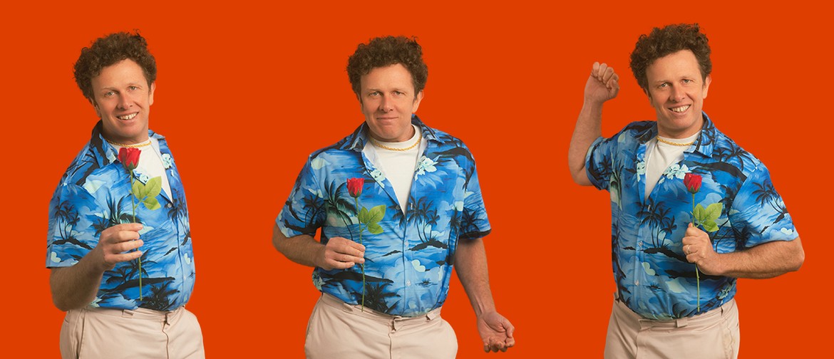 Three images of the comedian Nick Capper standing against a bright orange background, wearing a blue Hawaiian shirt and beige pants, holding a red rose and posing playfully.