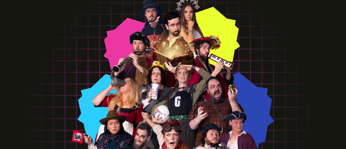Group of performers in colorful fantasy costumes holding props like books, musical instruments, and game-related items, set against a dark grid background with bright geometric shapes