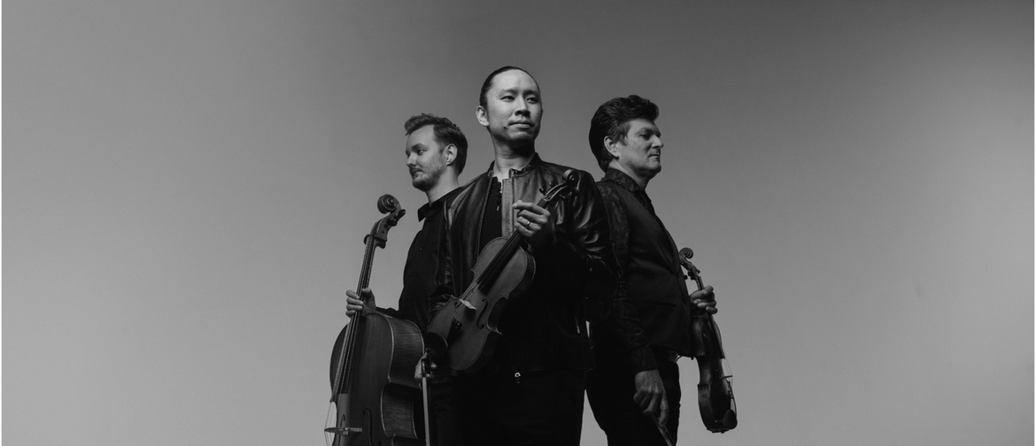 Rory Smith holding Cello, Jason Tong holding Violin and Brendan Joyce holdin